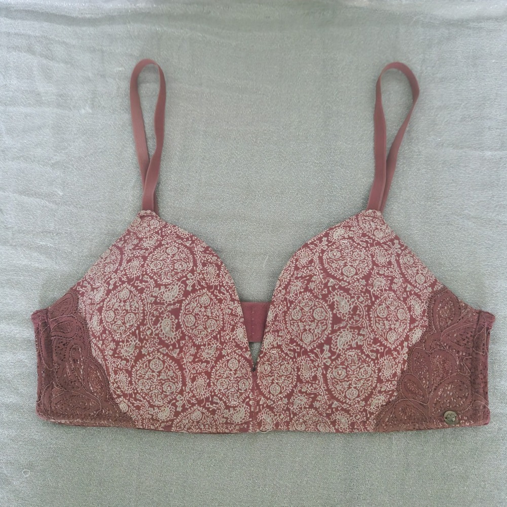 Lucky Brand Womens 34C Mauve Paisley‎ Lace Wire Free Plunge Contour Bra RN71222